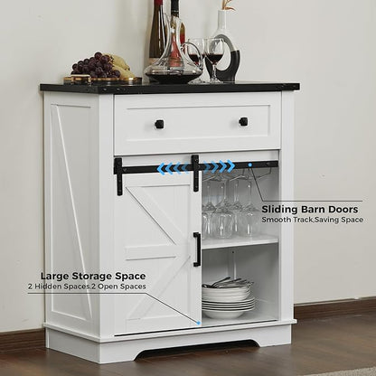 Buffet Cabinet with Storage, Farmhouse Coffee Bar Cabinet with Goblet Holder and Drawer, Sideboard with Barn Door for Kitchen, Dining Room, Living Room, White