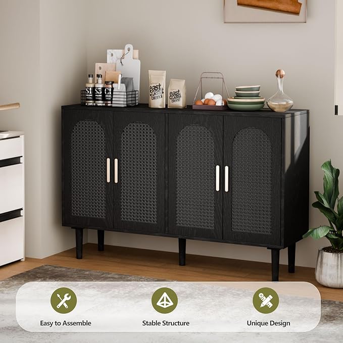 Large Sideboard Buffet Cabinet with Storage, Modern Credenza Buffet Table Coffee Bar Wine Bar Storage Cabinet with Artistic Carved Handle for Dining Room Living Room, (Black)