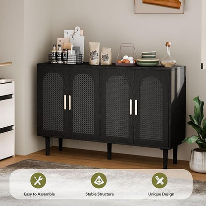 Large Sideboard Buffet Cabinet with Storage, Modern Credenza Buffet Table Coffee Bar Wine Bar Storage Cabinet with Artistic Carved Handle for Dining Room Living Room, (Black)