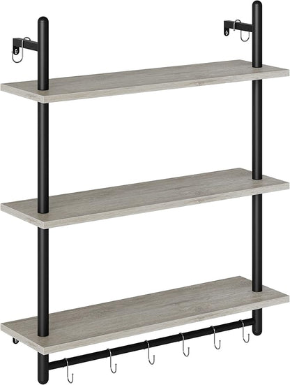 Bestier 3 Tier Industrial Pipe Shelving, Floating Book Shelves for Wall, Storage Hanging Shelves with Towel Bar for Bathroom Organizer Bedroom Kitchen Plants Office. 31.5 Inch Retro Grey
