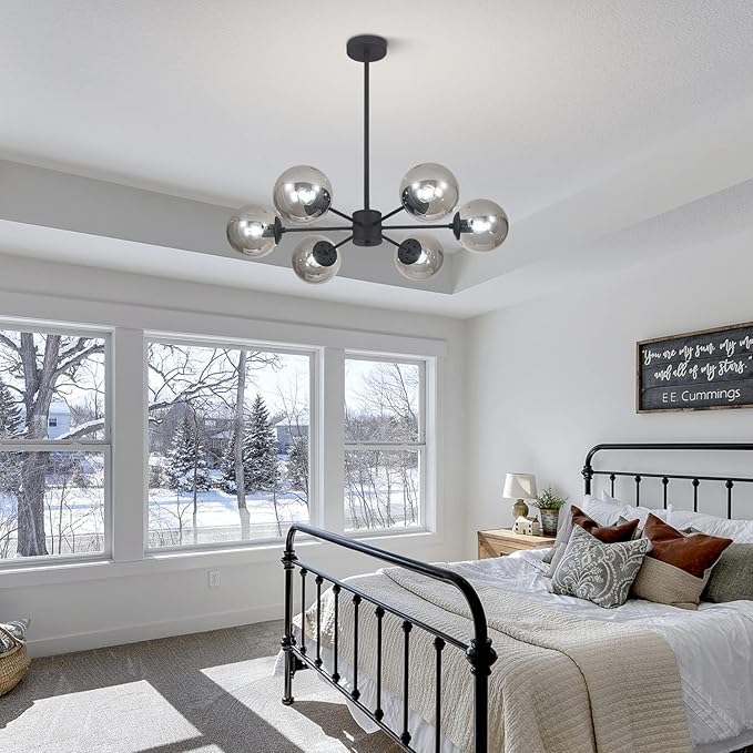 KCO Lighting Mid Century Modern Globe Sputnik Chandelier 6-Light Smoke Gray Glass Globe Flush Mount Ceiling Light Black Farmhouse Kitchen Island Lighting Fixture (Black+Smoke Gray)