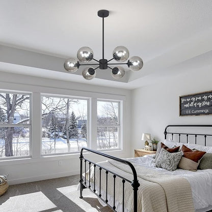 KCO Lighting Mid Century Modern Globe Sputnik Chandelier 6-Light Smoke Gray Glass Globe Flush Mount Ceiling Light Black Farmhouse Kitchen Island Lighting Fixture (Black+Smoke Gray)