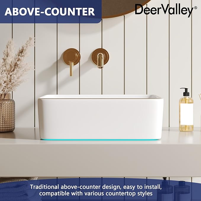 DeerValley Liberty 16x12 Inch Rectangular Vessel Sink, White Ceramic Basin with Gold Band, Above Counter Bathroom Sink, DV-1V0366