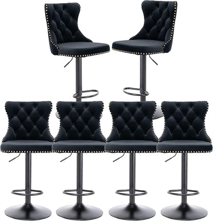 Rhomtree Velvet Swivel Bar Stools Upholstered Bar Stool with Button Tufted Back and Pull Ring Height Adjustable Barstools 25-33 Inch for Home Pub and Kitchen Island (Black with Black Bas, Set of 6)