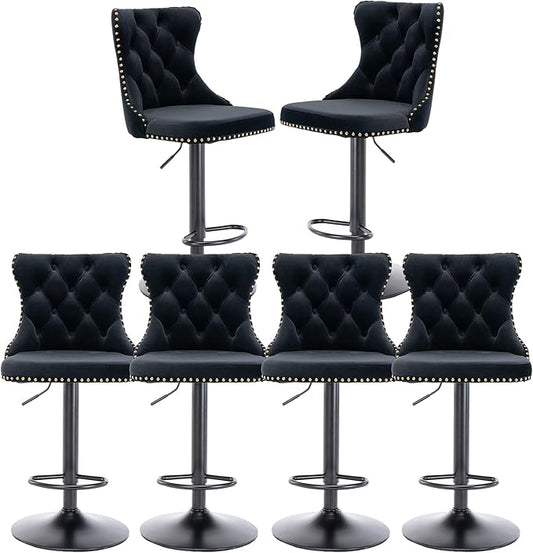 Rhomtree Velvet Swivel Bar Stools Upholstered Bar Stool with Button Tufted Back and Pull Ring Height Adjustable Barstools 25-33 Inch for Home Pub and Kitchen Island (Black with Black Bas, Set of 6)
