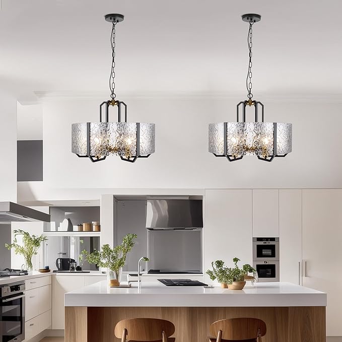 COCOSTAR Modern Glass Drum Chandeliers for Dining Room,6 Lights Farmhouse Crystal Chandelier,24" Vintage Foyer Lighting Fixtures,Black and Gold Pendant Lights for Kitchen Island,Bedroom,Living Room