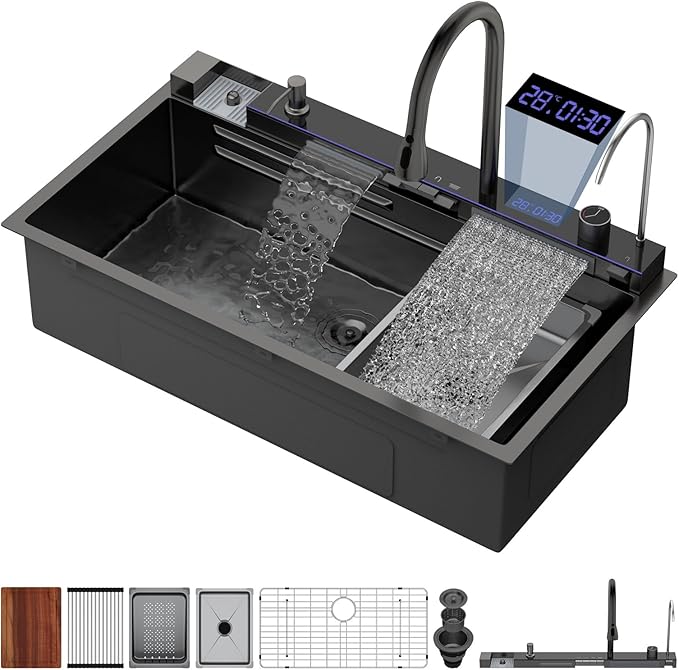 Logmey 33" Smart Dual Waterfall Sink with Digital Display,Water Purifier,Nano PVD Black Drop in Kitchen Sink with Faucet,16 Gauge Stainless Steel Sinks with Temperature Control Knob,5 Buttons,33x19x9