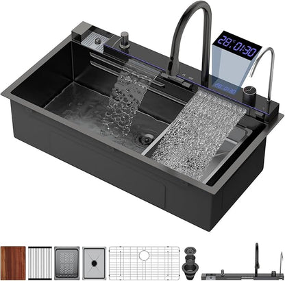 Logmey 33" Smart Dual Waterfall Sink with Digital Display,Water Purifier,Nano PVD Black Drop in Kitchen Sink with Faucet,16 Gauge Stainless Steel Sinks with Temperature Control Knob,5 Buttons,33x19x9