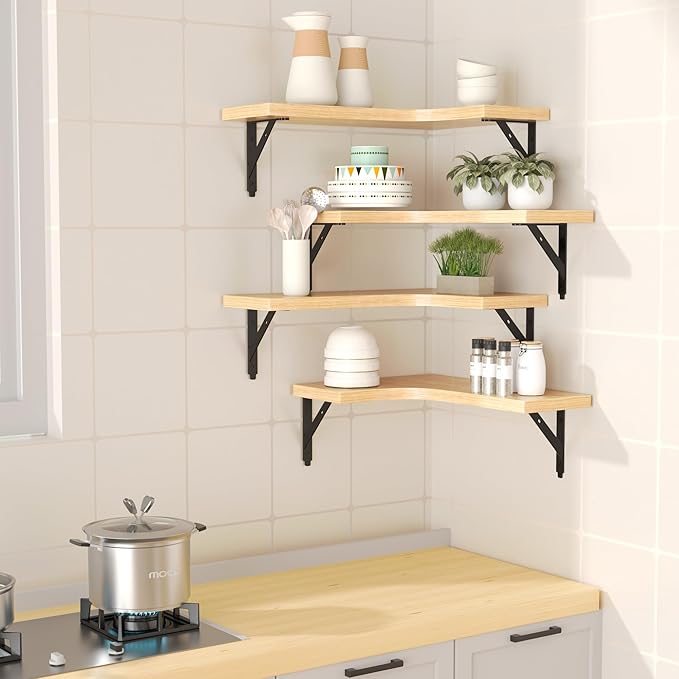 ROMGUAR CRAFT Corner Floating Shelves Wall Mounted Set of 4, Rustic Wood Storage Display Wall Shelves for Home Decor, Bathroom, Kitchen, Bedroom, Living Room, Office (Natural)