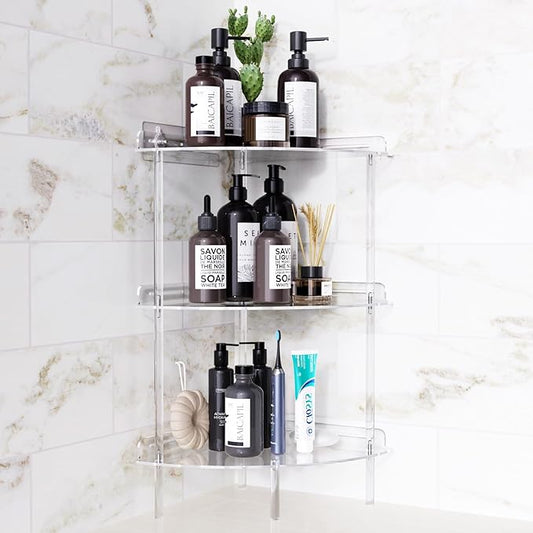 Bakzon Corner Shower Caddy, 3 Tier Acrylic Shower Organizer Corner for Inside Shower, Rustproof Floor Standing Shower Shelves for Bathroom, Clear