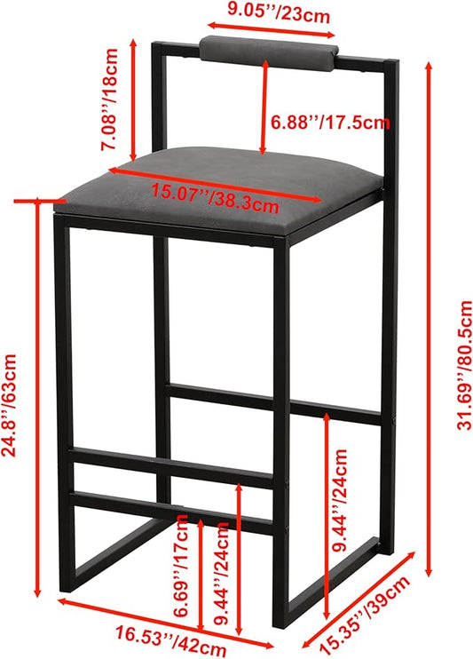 Counter Height Barstools Set of 2 - Gray Kitchen Island Stools with Back & Metal Legs