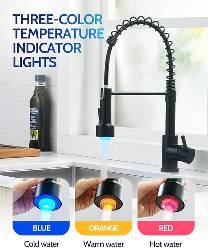 LUFEIDRA Black Kitchen Faucet with Sprayer LED Light, High Arc Spring 304 Stainless Steel Single Handle LED Faucets, Kitchen Sink Faucet for Bar Sink Rv, Matte Black