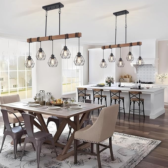 5-Light Kitchen Island Lighting, Farmhouse Chandelier for Dining Room Rustic Wood Ceiling Pendant Light Fixture with Metal Shade, Height Adjustable