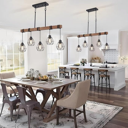 5-Light Kitchen Island Lighting, Farmhouse Chandelier for Dining Room Rustic Wood Ceiling Pendant Light Fixture with Metal Shade, Height Adjustable