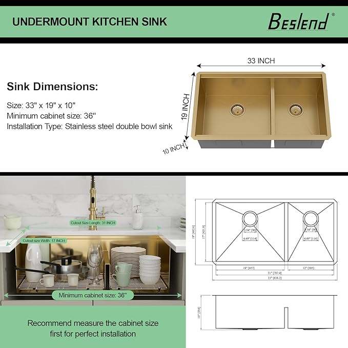 33 Gold Undermount Kitchen Sink - Beslend 33x19 Gold Double Bowl Kitchen Sinks Workstation 16 Gauge Stainless Steel Golden Sink Low Divide Double Basin 60/40