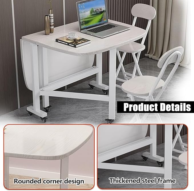 Folding Dining Table, Moveable Kitchen Desk with Wheels, Foldable Dining Table, Space Saving Desk, for Restaurant Room, Kitchen, Living Room, Rustic White, 47.2×31.5×29.5in, for 4-8 People