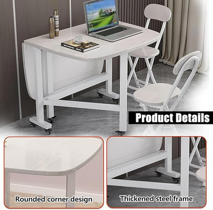 Folding Dining Table, Moveable Kitchen Desk with Wheels, Foldable Dining Table, Space Saving Desk, for Restaurant Room, Kitchen, Living Room, Rustic White, 47.2×31.5×29.5in, for 4-8 People