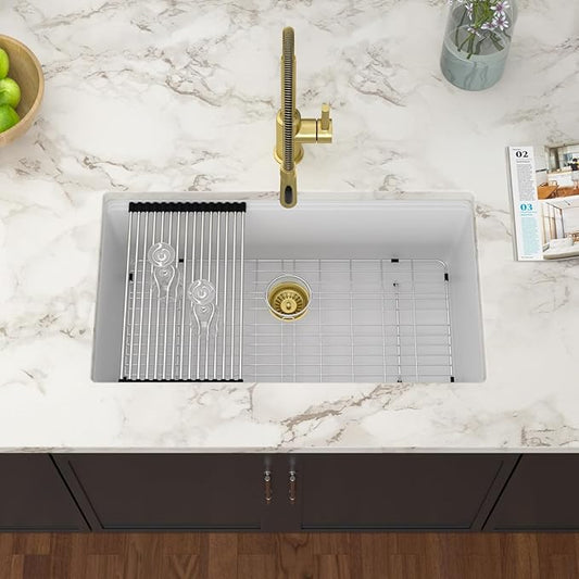 30 Inch Undermount Kitchen Sink White Quartz Granite Composite Single Bowl Kitchen Sinks Workstation Ledge Under Counter Large Deep Classic Sinks 30" x 19" x 10"