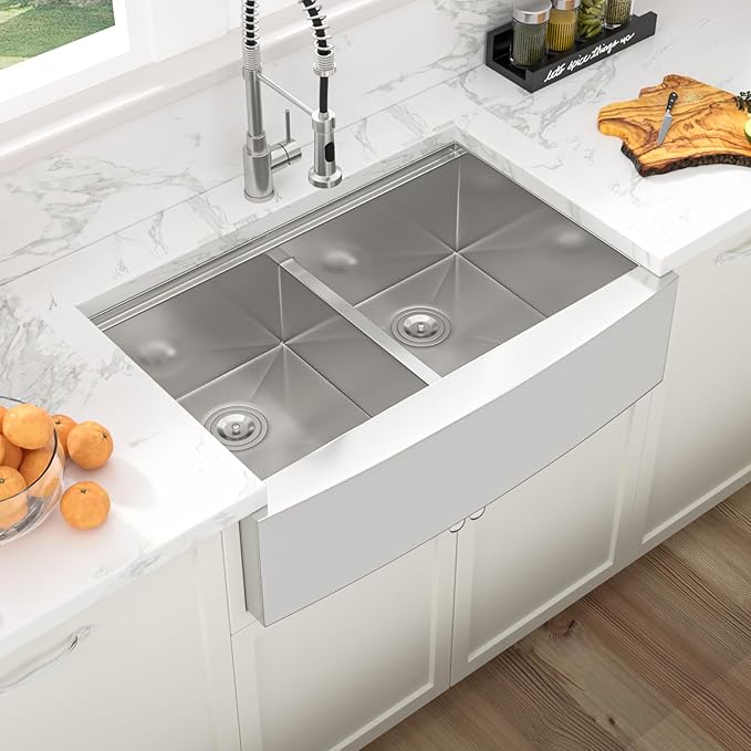 Sarlai 36 Farmhouse Kitchen Sink Double Bowl - 36 x 22 Inch Farm Sink Stainless Steel Apron Front 16 Gauge Ledge Workstation Sinks Low Divide 50/50 Double Basin Under Counter Kitchen Farmer Sinks