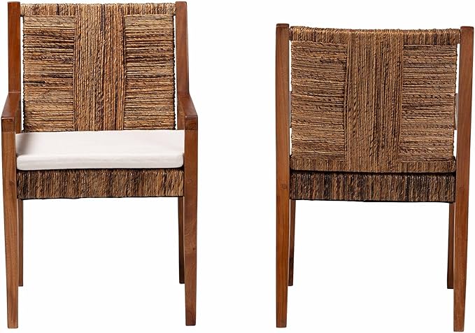 Bali & pari Chabela Handwoven Seagrass Armchairs - Solid Mango Wood Frame Dining Chair with Woven Seat and Backrest, Rustic Boho Style Kitchen or Dining Room Seating, Medium Brown