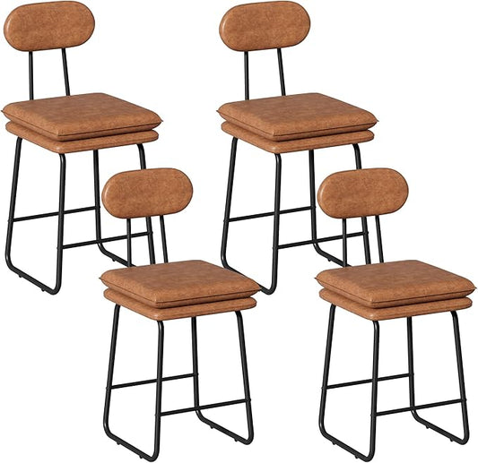 VECELO Bar Stools Set of 4, Counter Height Barstools with Removable Backrest, Padded Seat and Metal Legs, PU Leather Upholstered Bar Chairs for Kitchen, Island, Brown