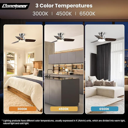 30 Inch Ceiling Fans with Lights and Remote, Bedroom Living Room Office, Flush Mount, 3CCT Dimmable, Dual Color 3 Blades 6 Speed Reversible Quiet DC Motor, Sand-Nickel/Wood Grain, 2 Pack
