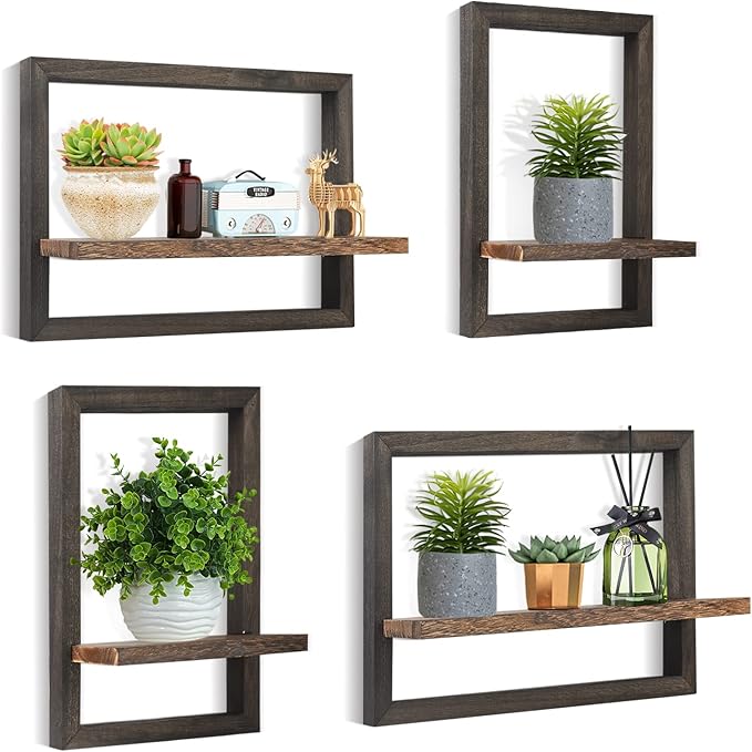 idee-home Floating Shelves for Wall, Rustic Square Hanging Floating Shelves Set of 4 Wood, Wall Decor Mounted Bathroom, Living Room, Kitchen Storage