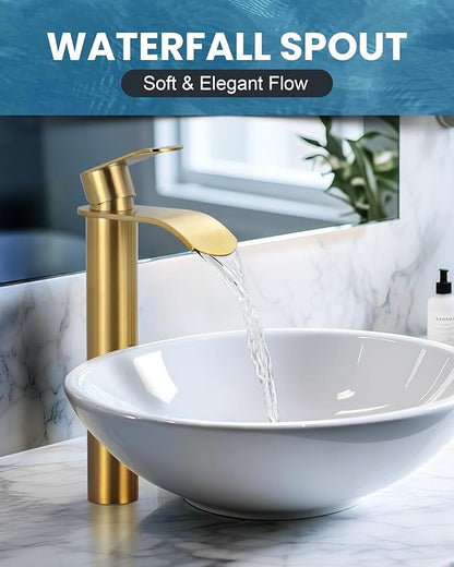 Vessel Sink Faucet Gold for Bathroom：WOWOW Single Handle Tall Bathroom Faucet - Waterfall Single Hole Mixer Bar Tap with Large Rectangular Spout, Deck Mount Lavatory Vanity with Pop Up Drain