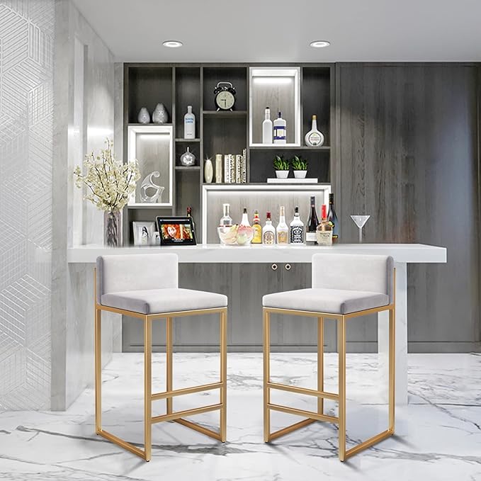 Velvet Stools with Low Back Mid-Century Upholstered Armless Chairs for Kitchen Island Home Pub Grey + Gold Sitting Height 65cm (White + Gold 25.6in)