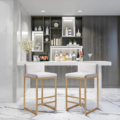Velvet Stools with Low Back Mid-Century Upholstered Armless Chairs for Kitchen Island Home Pub Grey + Gold Sitting Height 65cm (White + Gold 29.5in)