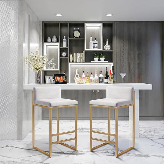Velvet Stools with Low Back Mid-Century Upholstered Armless Chairs for Kitchen Island Home Pub Grey + Gold Sitting Height 65cm (White + Gold 29.5in)