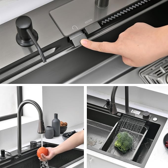 Waterfall Black Kitchen Sink, 30Inch Single Bowl Sink, Stainless Steel Multifunctional Drop In/Topmount Workstation Sink with Pull-out Faucet, Multiple Accessories (Black, 30x20in)