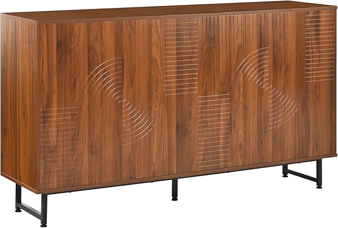PVWIIK Mid-Century Modern Walnut Sideboard Buffet Cabinet, 59 * 16 * 33 inches Geometric Carved Storage Cabinet with Metal Legs, Multi-Purpose Credenza for Living Room, Dining Room, Entryway