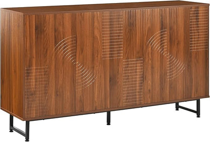 PVWIIK Mid-Century Modern Walnut Sideboard Buffet Cabinet, 59 * 16 * 33 inches Geometric Carved Storage Cabinet with Metal Legs, Multi-Purpose Credenza for Living Room, Dining Room, Entryway