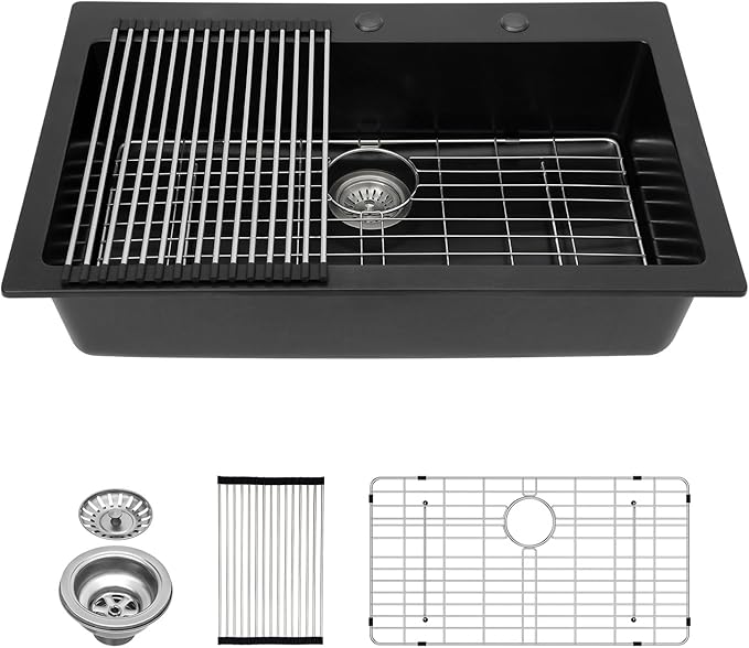 Lordear Black Drop In Kitchen Sink 31 Inch Quartz Granite Composite Black Deep Single Bowl Topmount Kitchen Sinks 31x20 Inch