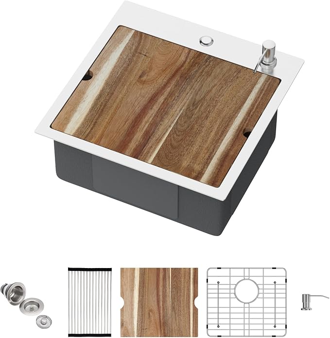 Drop in Bar Sink Workstation 18x18 Inch 16 Gauge Stainless Steel Handmade Topmount Kitchen Sink Single Bowl - 8 Inches Deep