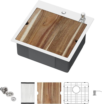 Drop in Bar Sink Workstation 18x18 Inch 16 Gauge Stainless Steel Handmade Topmount Kitchen Sink Single Bowl - 8 Inches Deep