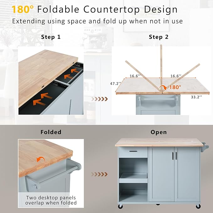 Rolling Kitchen Island Cart with Foldable Counter Top,Slide-Out Shelf and Lockable Wheels,Towel Rack and Drawer,for Kitchen Living Room Dining Room (Grey Blue@y)
