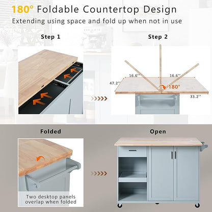 Rolling Kitchen Island Cart with Foldable Counter Top,Slide-Out Shelf and Lockable Wheels,Towel Rack and Drawer,for Kitchen Living Room Dining Room (Grey Blue@y)