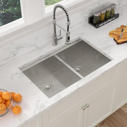 Sarlai 28 Inch Undermount Double Bowl Sink - Stainless Steel 16 Gauge Workstation Sink Low Divide 60/40 Basin