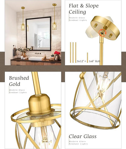 Brushed Gold Pendant Lights Kitchen Island, 2 Pack Brass Glass Pendant Light Fixture Farmhouse Cage Hanging Lighting with Rod for Kitchen Island Sink Bathroom, CH9176BG-2PKG