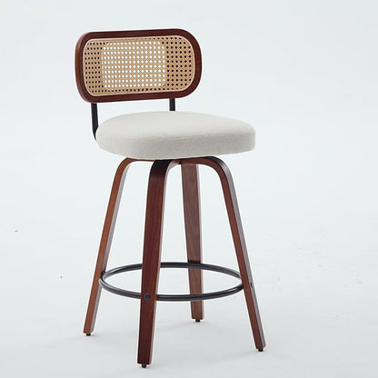 Set of 2 26 Inch Counter Height Bar Stools Walnut Black, Cane Rattan Back, Beige Linen Upholstered Seat, Swivel for Kitchen Island,Bar,Counter,SW1766BG PN668