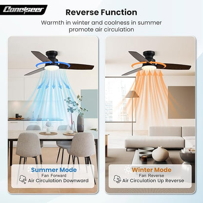 Conciseer 42 Inch Ceiling Fans with Lights and Remote, Bedroom Living Room Office, Flush Mount, 3CCT Dimmable, Dual Color 3 Blades, 6 Speed Reversible Quiet DC Motor, Black/Wood Grain, 2 Pack