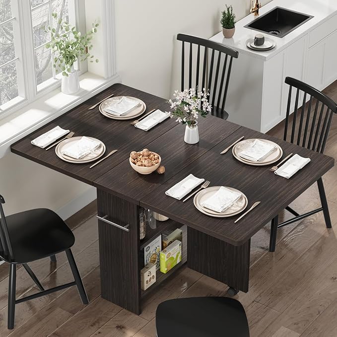 IDEALHOUSE FoldingTable, Drop Leaf Dining Table with 6 Wheels and 2-Layer Storage Shelf, Space Saving Table for Small Spaces (Dark Walnut, 47.2" D x 23.6" W x 29.5" H)