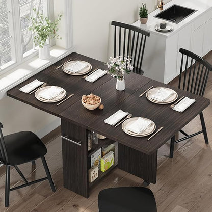 IDEALHOUSE FoldingTable, Drop Leaf Dining Table with 6 Wheels and 2-Layer Storage Shelf, Space Saving Table for Small Spaces (Dark Walnut, 47.2" D x 23.6" W x 29.5" H)