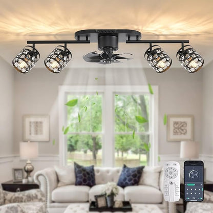 Garwarm Ceiling Fans with Lights and Remote,39.3" Kitchen Ceiling Fan,360° Rotatable Lampheads Bladeless Black Fandelier Flush Mount Ceiling Fans for Bedroom Dining Room Living Room（6 Speed, Timing）