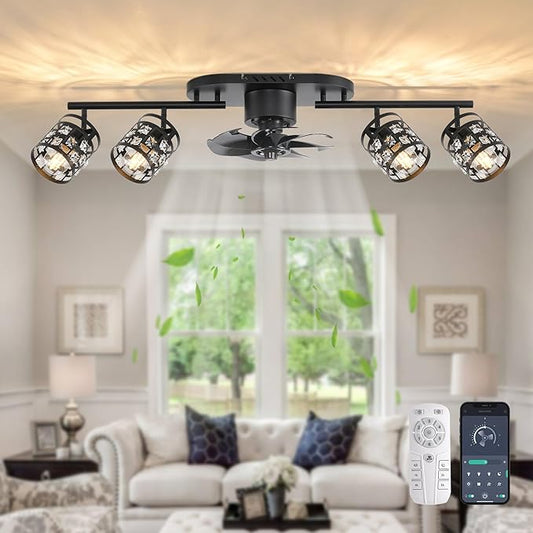 Garwarm Ceiling Fans with Lights and Remote,39.3" Kitchen Ceiling Fan,360° Rotatable Lampheads Bladeless Black Fandelier Flush Mount Ceiling Fans for Bedroom Dining Room Living Room（6 Speed, Timing）