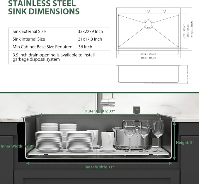 33x22 Black Drop In Kitchen Sink Workstation 16 Gauge Stainless Steel Single Bowl Drop Kitchen Sinks Nano PVD Gunmetal Black Handmade Large Deep Topmount Sinks, 33x22x9 Inch