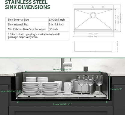 33x22 Black Drop In Kitchen Sink Workstation 16 Gauge Stainless Steel Single Bowl Drop Kitchen Sinks Nano PVD Gunmetal Black Handmade Large Deep Topmount Sinks, 33x22x9 Inch