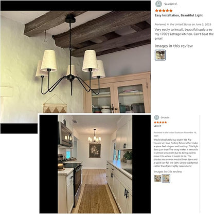 Chandelier with Linen Shade, Black Dining Room Light Fixtures Over Table, Classic Pendant Light Fixtures Ceiling Hanging Lighting for Living Room Bedroom, 5-Arm, 30" Dia